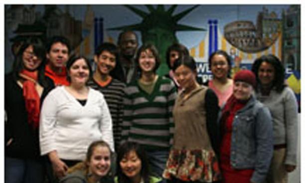 Students who joined a Breakout group to the International Institute of New Jersey (IINJ), in Jersey City, N.J., filmed a publicity video that highlighted the Institute's work with refugees. Standing, left to right, are Joy Li '11, Juan Farfan '11, Sue Aza
