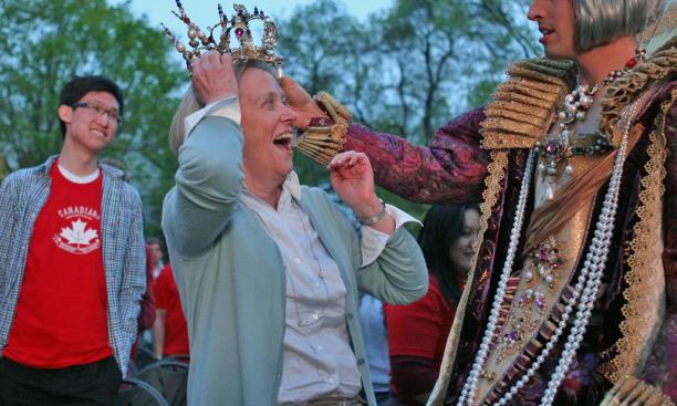 After the show, President Tilghman tries on Queen Tilghman's crown.