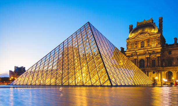 The glass pyramid at the Louvre museum in Paris.