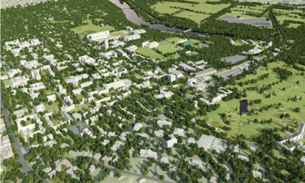 This computer model, developed as part of our campus planning efforts, shows a view of Princeton’s main campus looking east toward Lake Carnegie and the University-owned West Windsor fields.