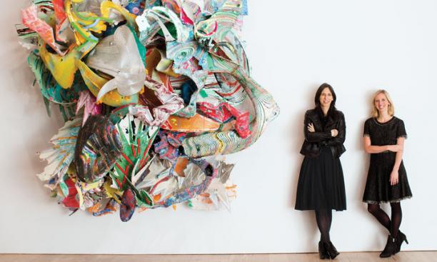 Megan Heuer *08, left, and Emily Arensman ’06 create events that bring visitors to the Whitney Museum, which is exhibiting the work of Frank Stella ’58, including, shown at left, his mixed media work “At Sainte Luce!”