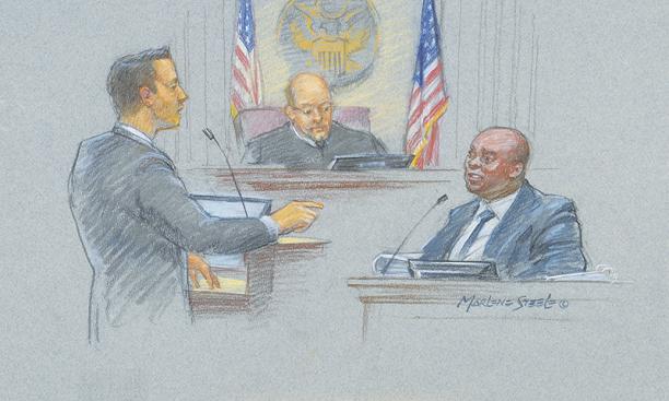 A court sketch: Former NFL player Chinedum (Chin) Ndukwe, right, testifies in a Cincinnati courtroom in June 2022 in the case against P.G. Sittenfeld ’07.
