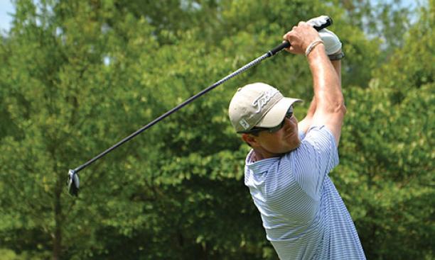 John Sawin ’07 tees off at the U.S. Amateur qualifier in Elverson, Pa., July 16.
