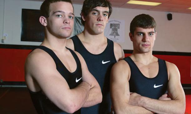 From left, Garrett Frey ’13, Daniel Kolodzik ’12, and Tony Comunale ’12, co-captains of the wrestling team. 