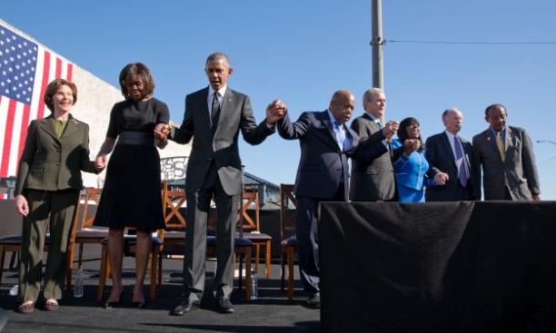 Rep. Terri Sewell â86, third from right, took part in the March 7 Selma commemoration with President Barack Obama and former President George W. Bush. (Official White House Photo by Pete Souza)
