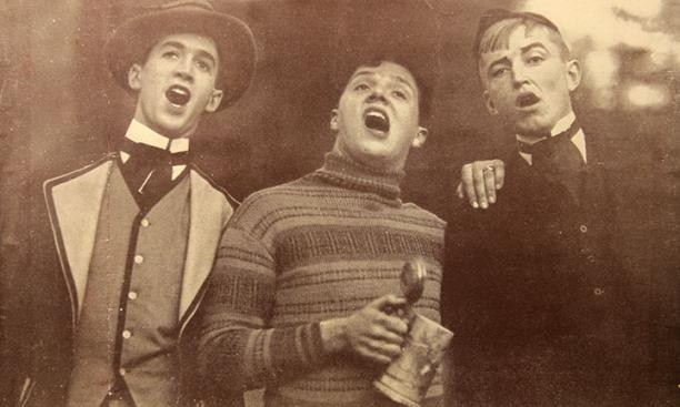 From left, Jimmy Stewart ’32, Joshua Logan ’31, and Marshall Dana ’32 rehearse for their “Drinking Song” number.