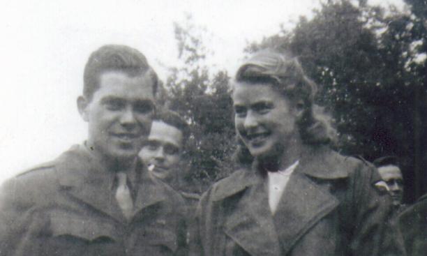 In a wartime photo, Alan W. Lukens '46 with film actress Ingrid Bergman. Pfc. Lukens won a dinner with Bergman in a lottery.