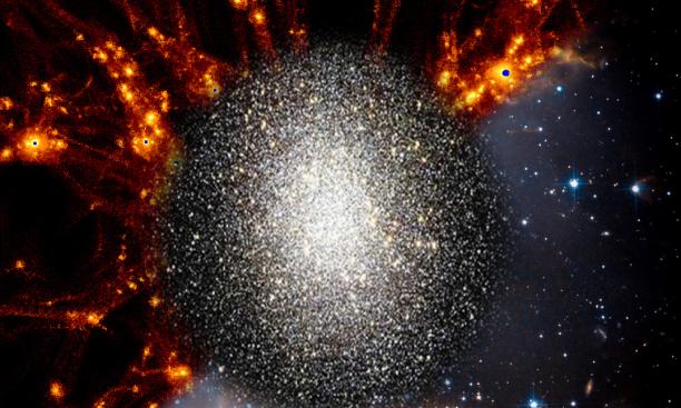This is a logo image of a program Gnedin ran at the Kavli Institute of Theoretical Physics in Santa Barbara in May 2020, which focused on the formation of the earliest galaxies and star clusters. It shows one triangle of the modeled cosmic web (dark matter density), and the other triangle of an observed region in the sky that has formed young stars. An image of an old globular cluster is in the middle, connecting our understanding of them.