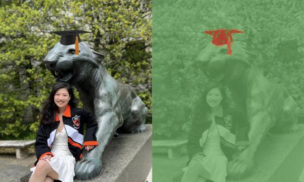 Two images of Han sitting with a bronze tiger statue; the one on the right is greened-out but a graduation cap on the tiger's head shows up in red.