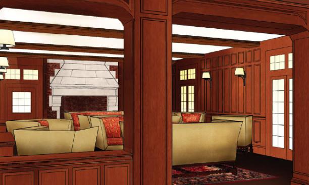 Architect’s rendering of Campus Club’s refurbished living room.  