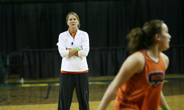 Princeton coach Courtney Banghart oversees practice. In just six seasons, she has won 117 games — second best in program history.