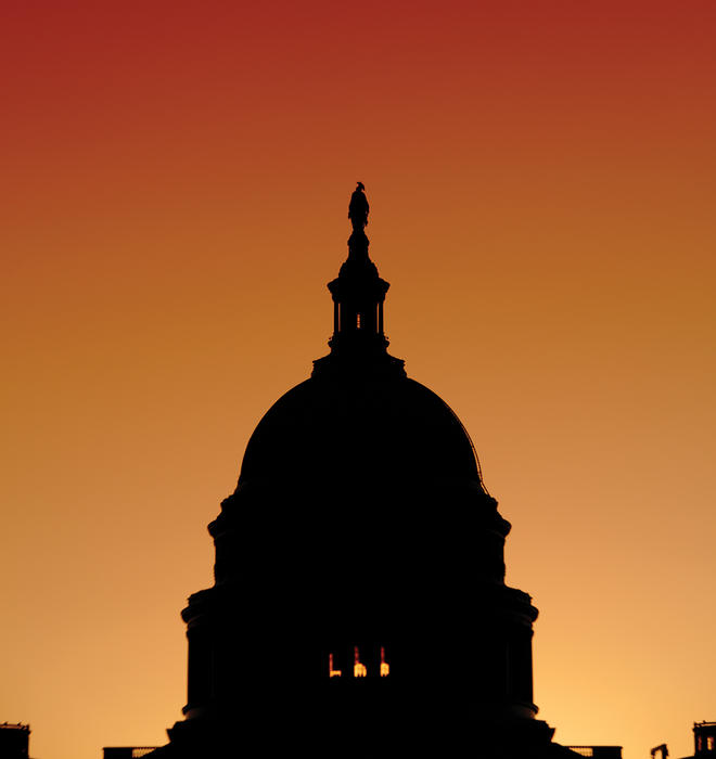 The U.S. Capitol building at sunset.