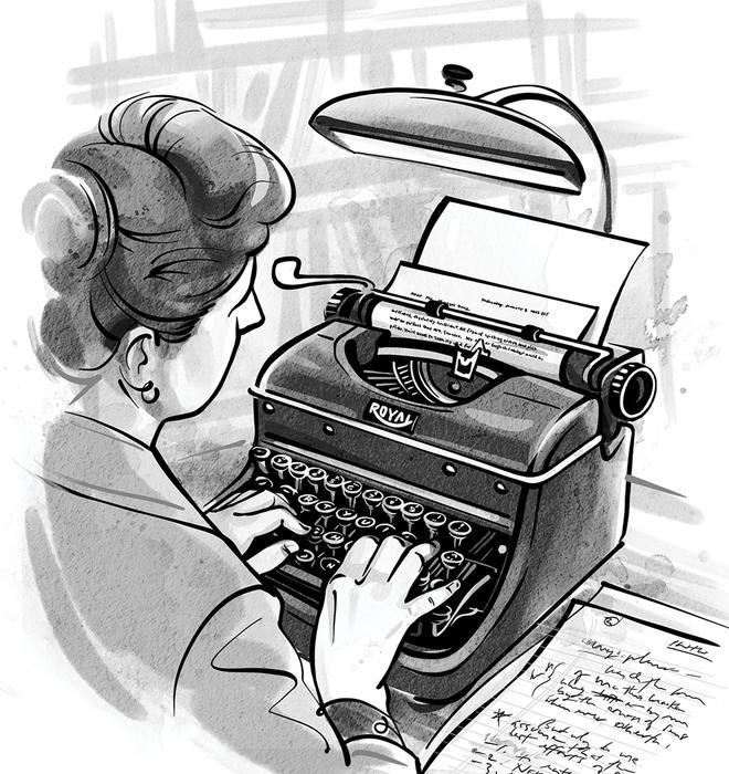 Illustration of a woman typing on a typewriter.