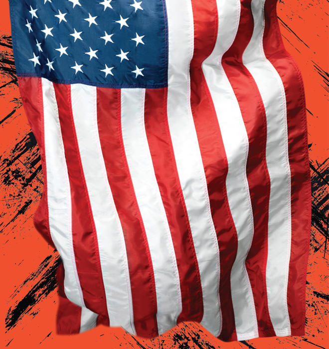 American Flag on tatter orange background