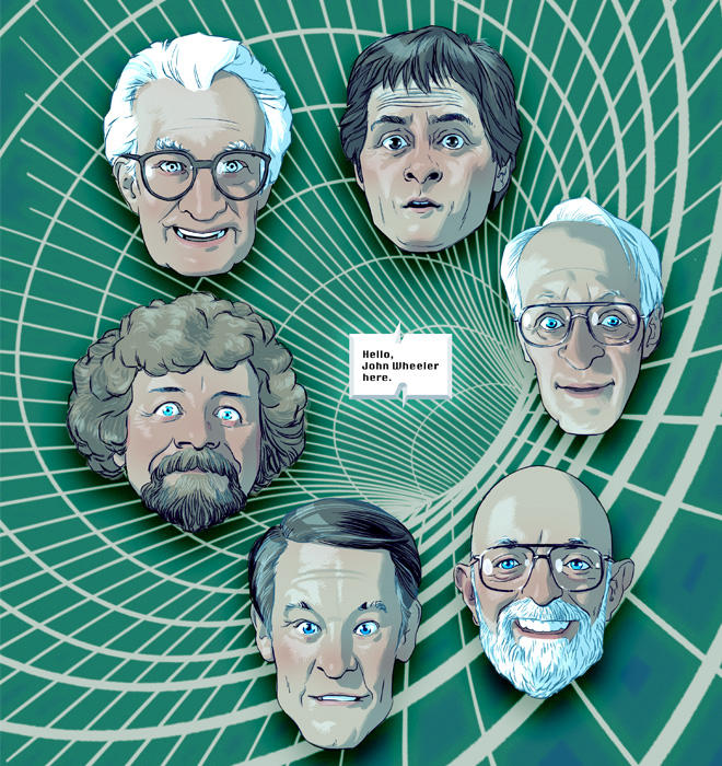 Illustration of six scientists heads floating in a wormhole with a speech bubble that reads, Hello, John Wheeler Here