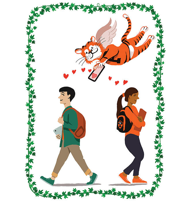 Illustration of two college students walking in opposite directions, framed by a green ivy border. Above them, a winged tiger mascot flies while holding a phone with a heart on the screen, surrounded by small red hearts. The male student carries a backpack and tablet, and the female student carries books and wears a backpack with a tiger logo.