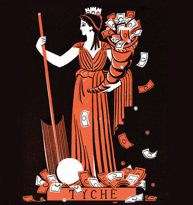 A stylized illustration of the goddess Tyche, depicted as a woman in a flowing red-orange classical robe. She holds a tall staff in one hand and carries a large cornucopia overflowing with coins and paper money in the other. Additional coins and banknotes spill around her feet, alongside a large white sphere and bundles of vertical lines suggesting wealth or abundance. The composition uses bold black, white, and orange-red colors with a textured, vintage printmaking aesthetic. The word “TYCHE” appears promi