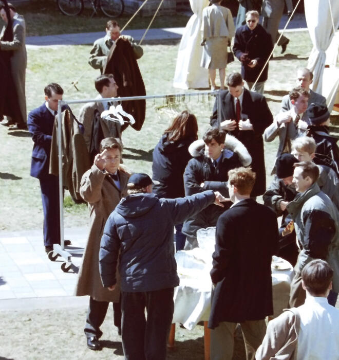 On the set of "A Beautiful Mind," actor Russell Crowe looks directly at the camera and holds up his middle finger.