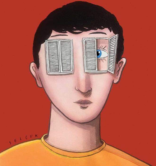 This is an illustration of a young man with shuttered windows over his eyes; one of them is partially open, showing a blue eye underneath.