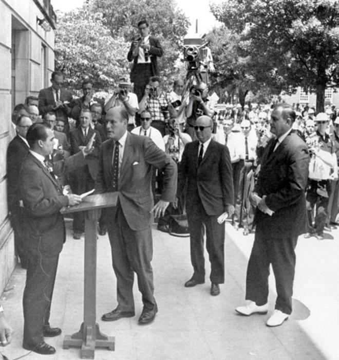 Katzenbach, then deputy attorney general, meets Alabama Gov. George Wallace at the door of the University of Alabama’s Foster Auditorium in this iconic photograph from June 11, 1963. Wallace was trying to prevent two black students from enrolling; he st