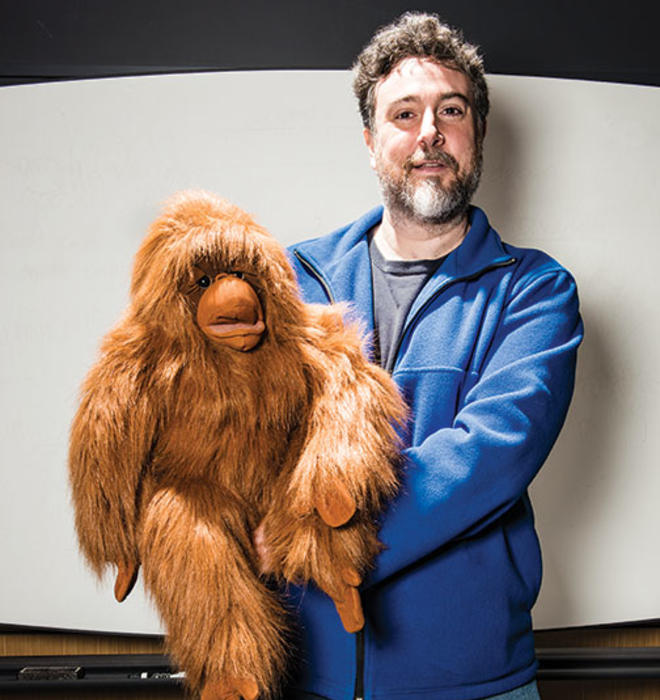 Professor Michael Graziano ’89 *96 sometimes begins lectures by doing ventriloquism with his puppet, Kevin, which can lead listeners to think that Kevin has awareness.