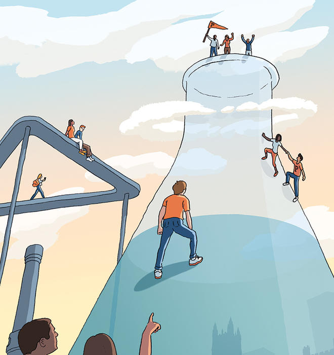 Illustration of students climbing beaker