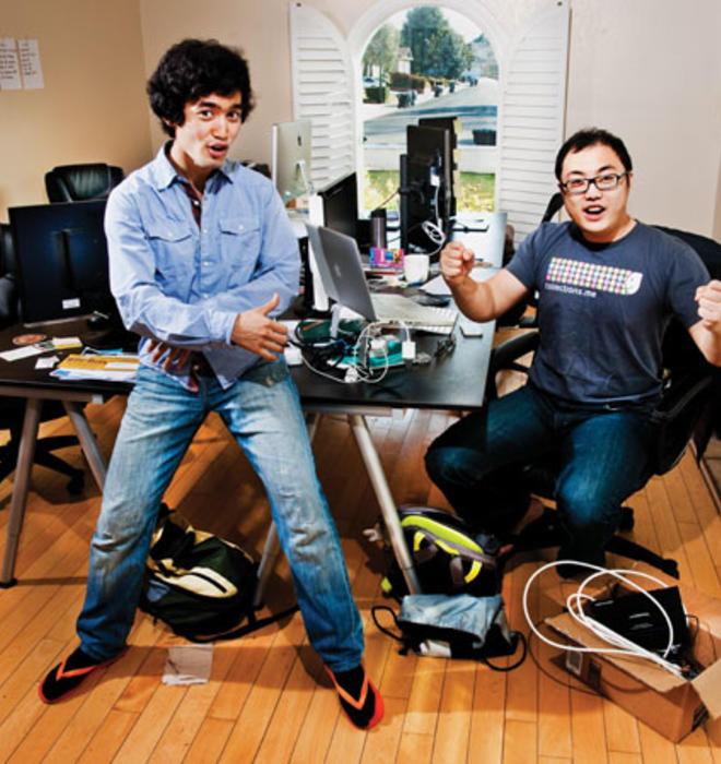 Enthusiasm abounds in Mountain View, Calif., where Arman Suleimenov *12, left; Tony Xiao ’12; and Jordan Lee GS (not pictured) develop their computer application, Collections.