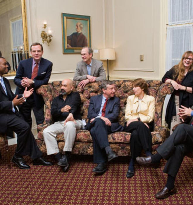The panelists: from left, Eddie S. Glaude Jr. *97, Todd Purdum ’82, David Spergel ’82, William Russel (standing), Sean Wilentz, Elizabeth Bogan, Emily Thompson *92, and Michael Wood.