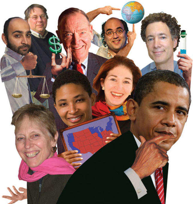 Princetonians, clockwise from top left: Mohsin Hamid ’93, Raymond Arsenault ’69, John Bogle ’51, Josh Kornbluth ’80, Bruce A. Yankner ’76, Anne-Marie Slaughter ’80, Danielle S. Allen ’93, and Ruth Gais *74