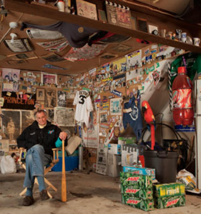 Frank Deford in his garage, which documents stories he has covered over almost 50 years.