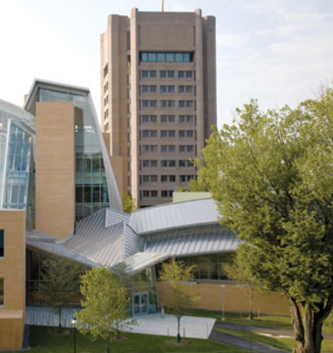 The just-opened Lewis Library differs from the model first designed by “starchitect” Frank Gehry, but campus officials involved in its development say it’s a better fit for the campus. This is the view from Ivy Lane.