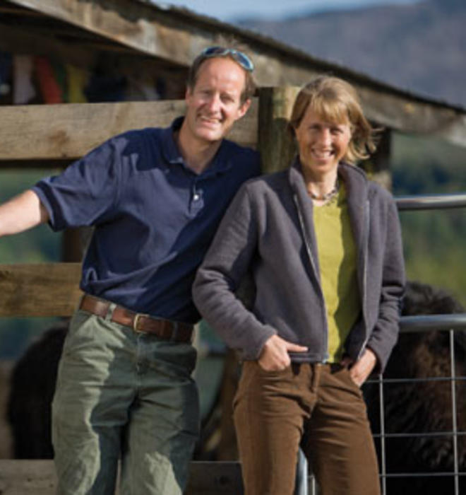 Rob and Kate Williams, both Class of 1989, at Steadfast Farm, home of the Vermont Yak Company. They co-own the company with two other couples.