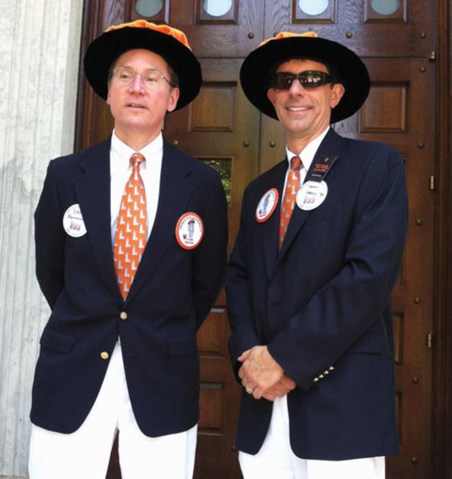 Marshals Dan Abramowicz *84, left, and Dan Lopresti *87 model marshal attire before the P-rade.