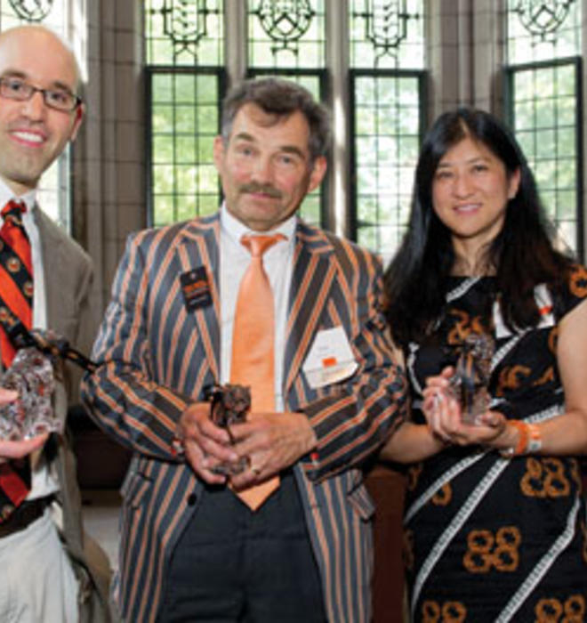 Four graduates won awards from the Alumni Council for their service to Princeton. From left: Jeffrey A. Vinikoor ’03, Lee L. Dudka *77, Charlene Huang Olson ’88, and Rosalie Wedmid Norair ’76.