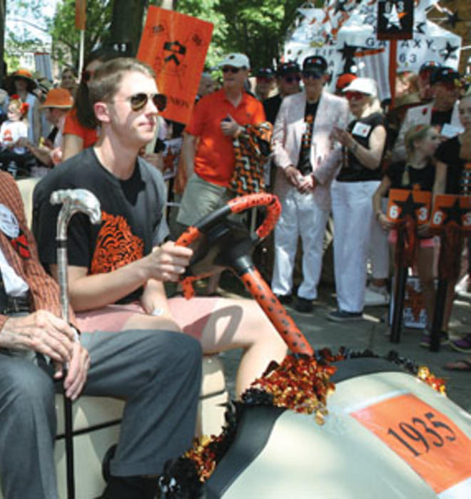 Hugh Sweeny Jr. ’35, 98 years old, received the silver-tipped Class of 1923 cane as the oldest returning alum from the earliest class represented. Malcolm Warnock ’25, awarded the cane for the eighth time at his 87th reunion last year, died in October