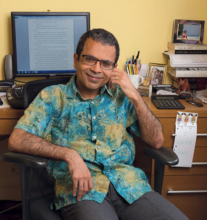 Akhil Sharma ’92 at his desk in his home office in New York City, where he does his writing.