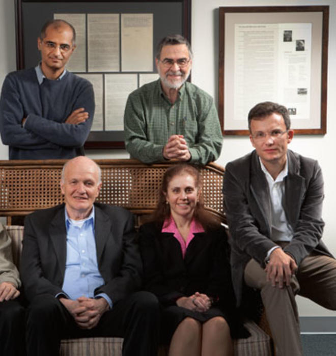 Researchers in Princeton’s Program in Science and Global Security: Sitting, from left, Chris Chyba, Frank von Hippel, Laura Kahn *02, and Alex Glaser. Standing, from left, Zia Mann and Harold Feiveson *72.