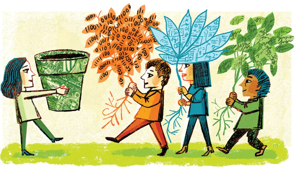 OTC_Student Dispatch_VCFunding.jpg An illustration of a woman holding out a flower pot and three other people coming to her carrying plants.
