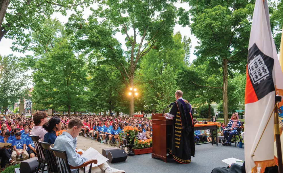 PresidentsPage1024_photo.jpg President Eisgruber addresses the incoming freshman Class of 2028.