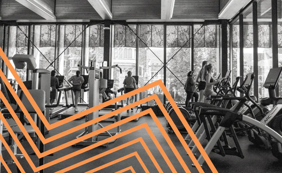 A black and white photo of people working out at a gym, with orange lines zigzagging over the left side.
