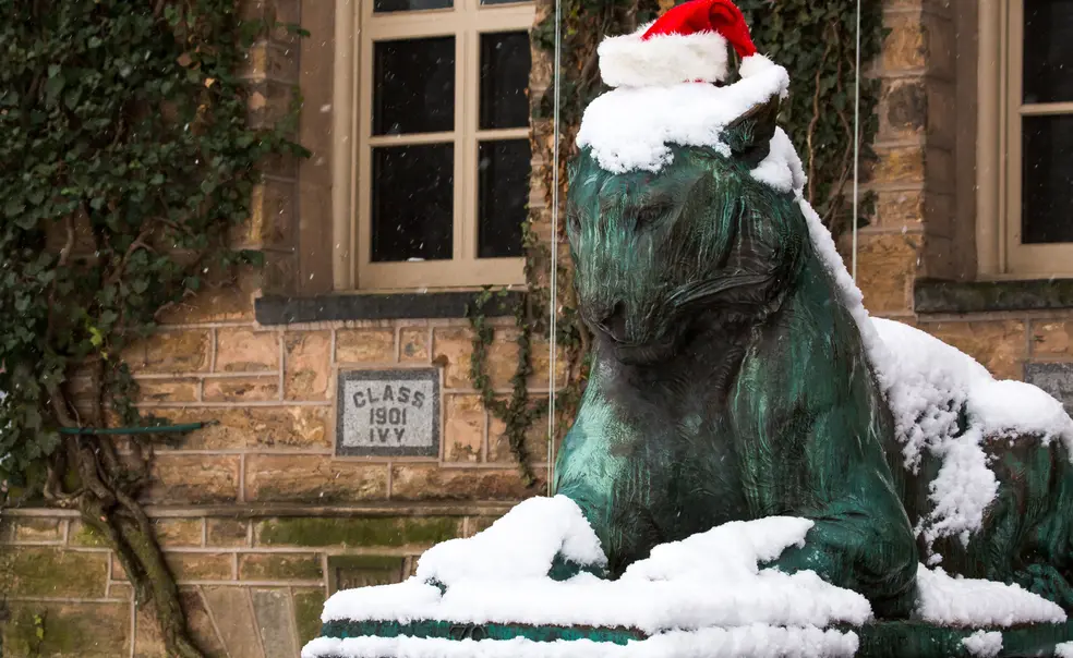20131210_CL_Snow_SM_8372-2.jpg One of Princeton’s bronze tiger statues in the snow wearing a Santa hat.