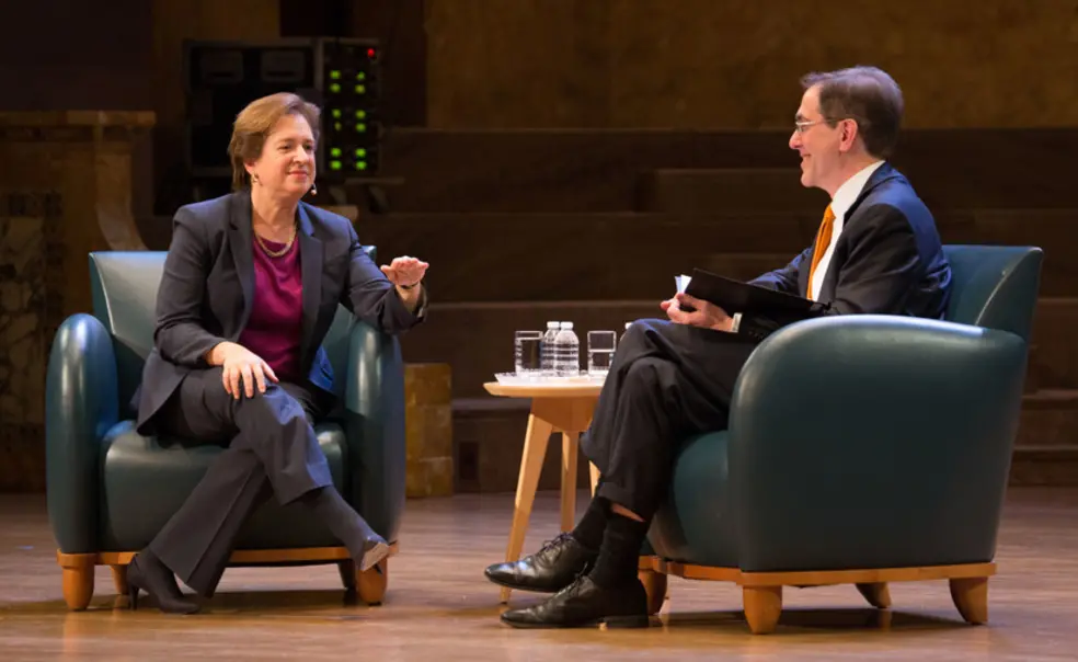 20141121_Kagan_AH_5839.jpg Supreme Court Justice Elena Kagan, left, and President Christopher Eisgruber seated on stage at Richardson Auditorium