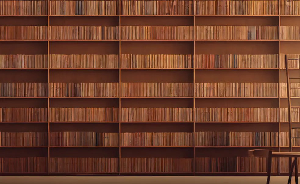 PRINCE_Archives.jpg Long rows of old brown books with ladder reaching high up into the stacks