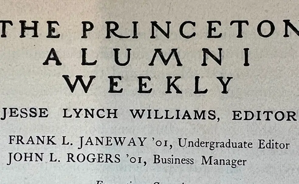 The original masthead of the Princeton Alumni Weekly, with Jesse Lynch Williams as editor.