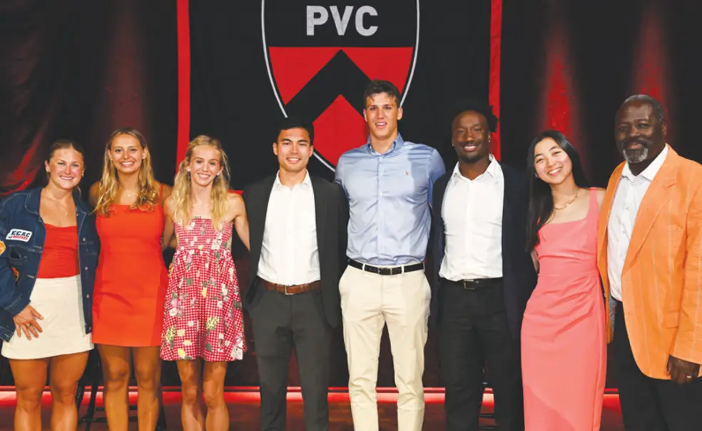 from left: Coene ’25, Seltzer ’25, Scatchard ’25, Rosini ’25, Pozaric ’25, Mudashiru ’25, Zhao ’25, and John Mack ’00