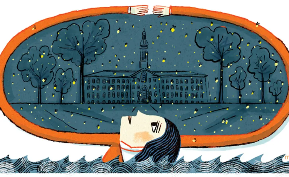 OTC_Student Dispatch Fireflies.jpg Illustration of a student laying on Nassau Hall grass staring up at fireflies