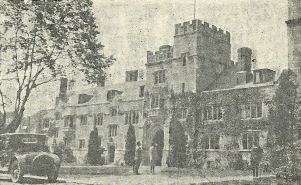 CampbellHall_11-5-1924.jpg Black and white photo of a Gothic campus building, with an old-fashioned car parked in front.