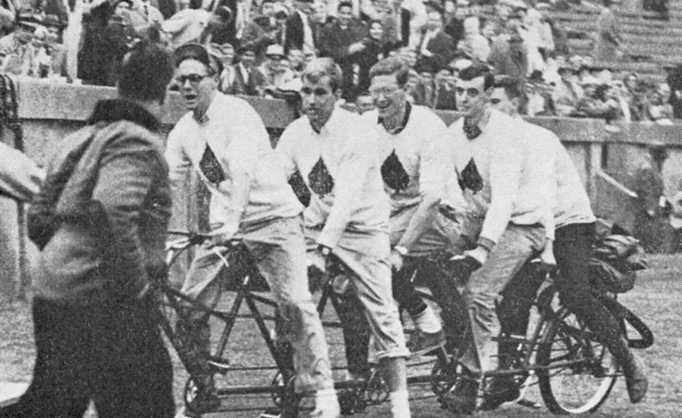 The Ivy five failed in their attempt to cycle to the Yale game, but that didnât stop them from taking a victory lap. (PAW Archives)