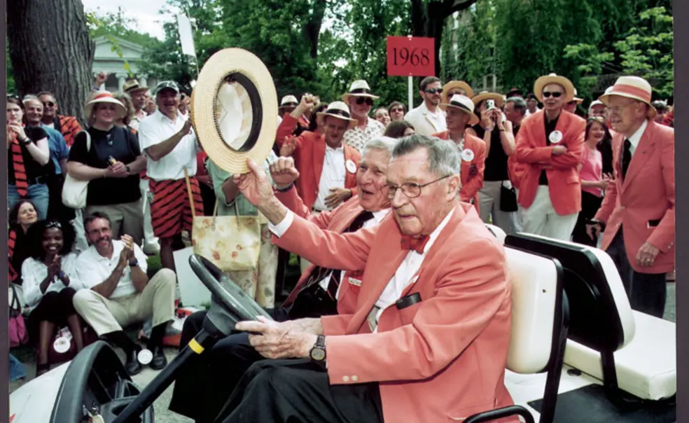 32652-goheen.jpg Robert F. Goheen ’40 *48, with Wallace Irwin ’40 *48, acknowledges the cheers of alumni during the 2005 P-rade.