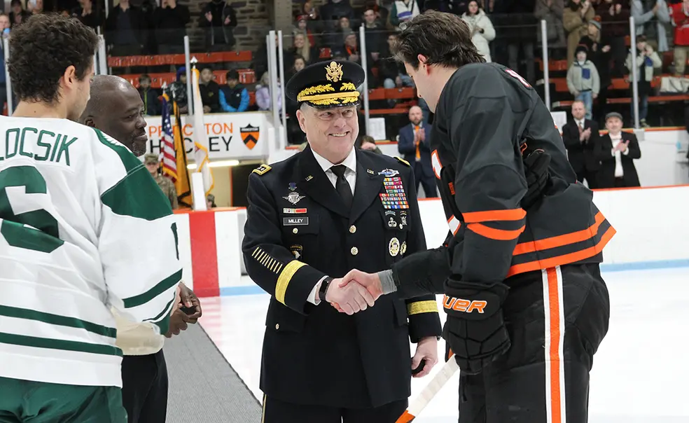 Celebrating 100 Years of Baker Rink, Gen. Mark Milley ’80 Drops the Puck Celebrating 100 Years of Baker Rink, Gen. Mark Milley ’80 Drops the Puck